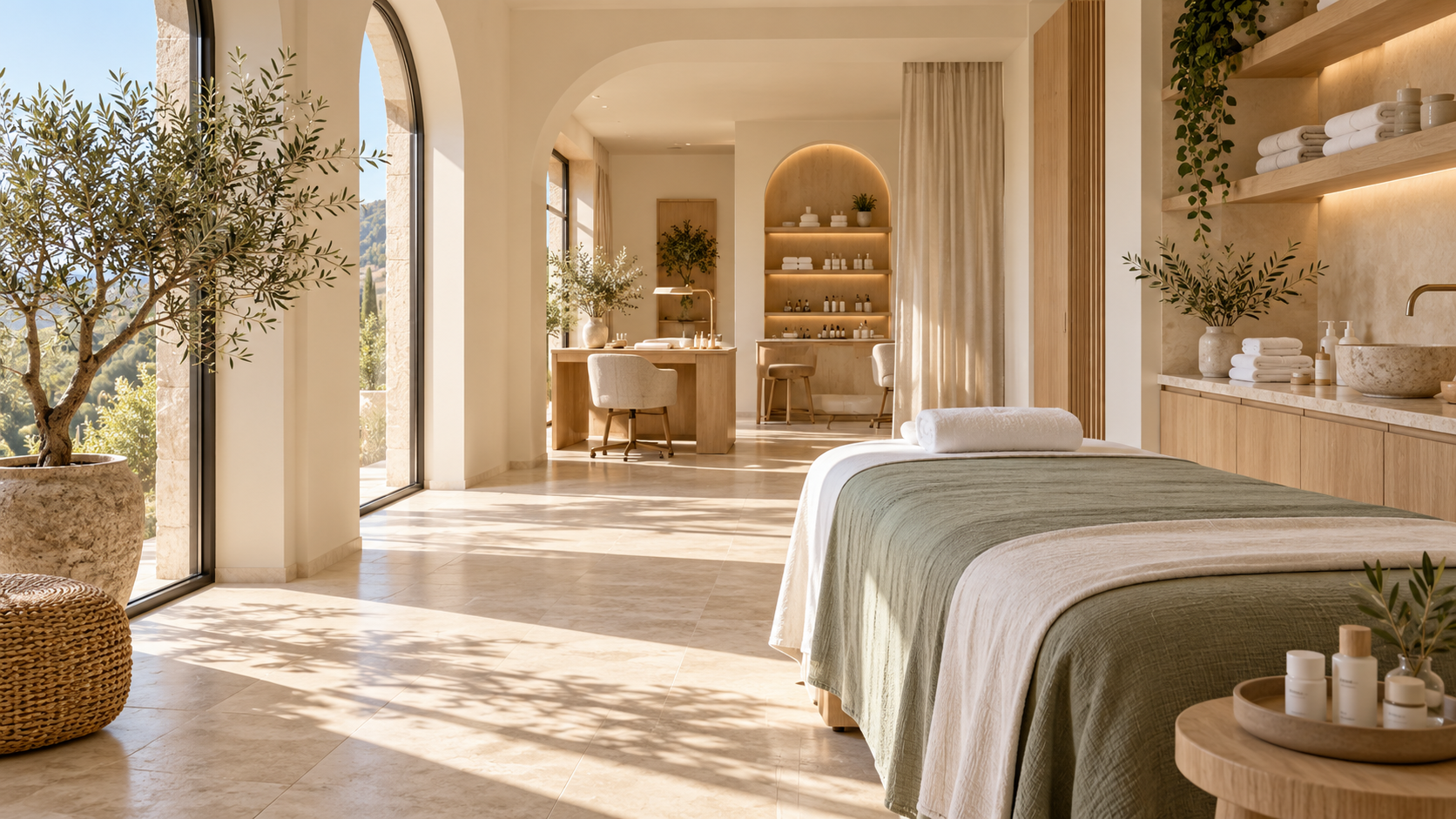 Atelier estetico luminoso con lettino e spazi per la cura personale